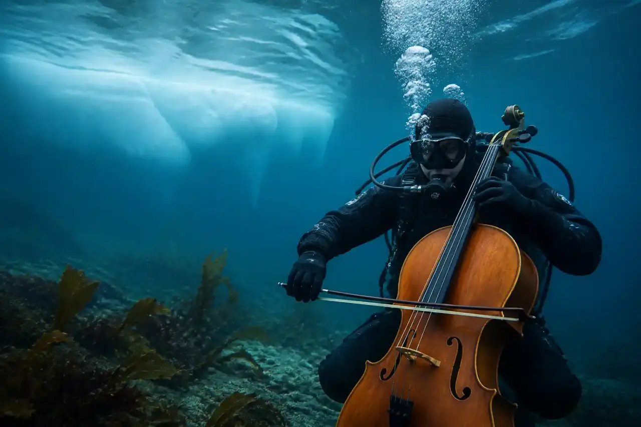 Plongeur équipé explorant une mer froide aux reflets bleu profond