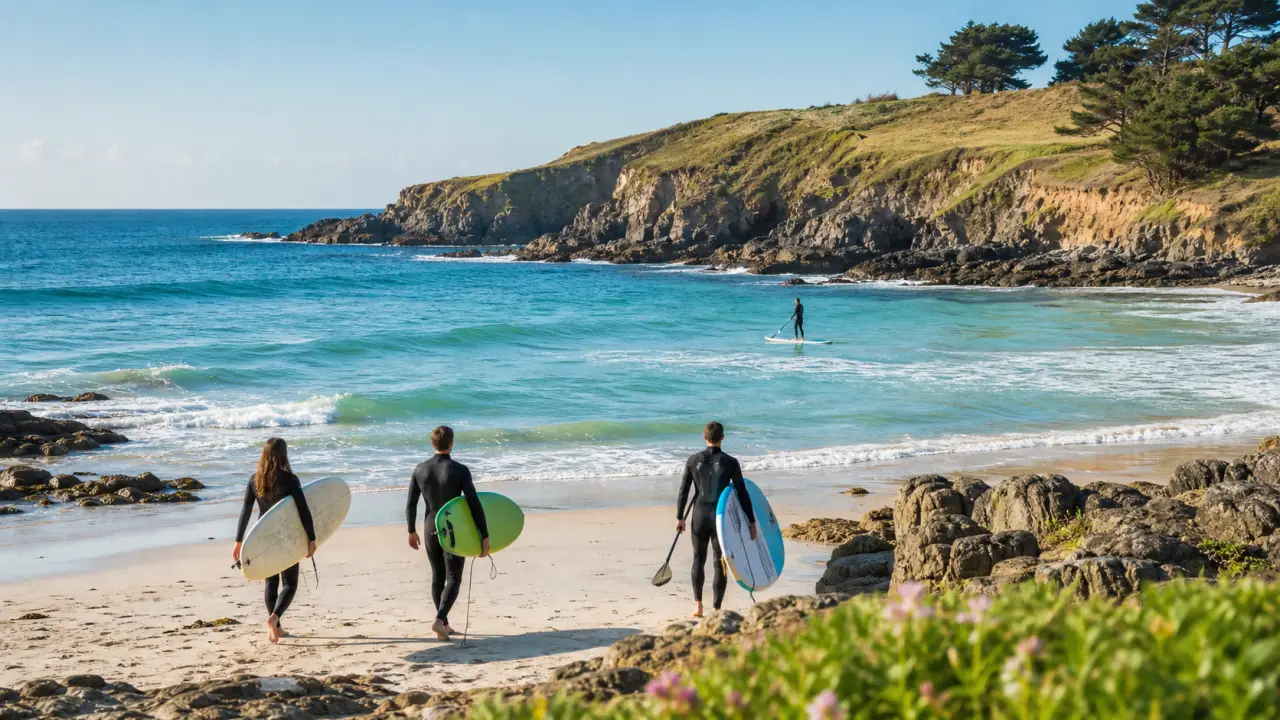 Surfeur glissant sur une vague turquoise en Bretagne