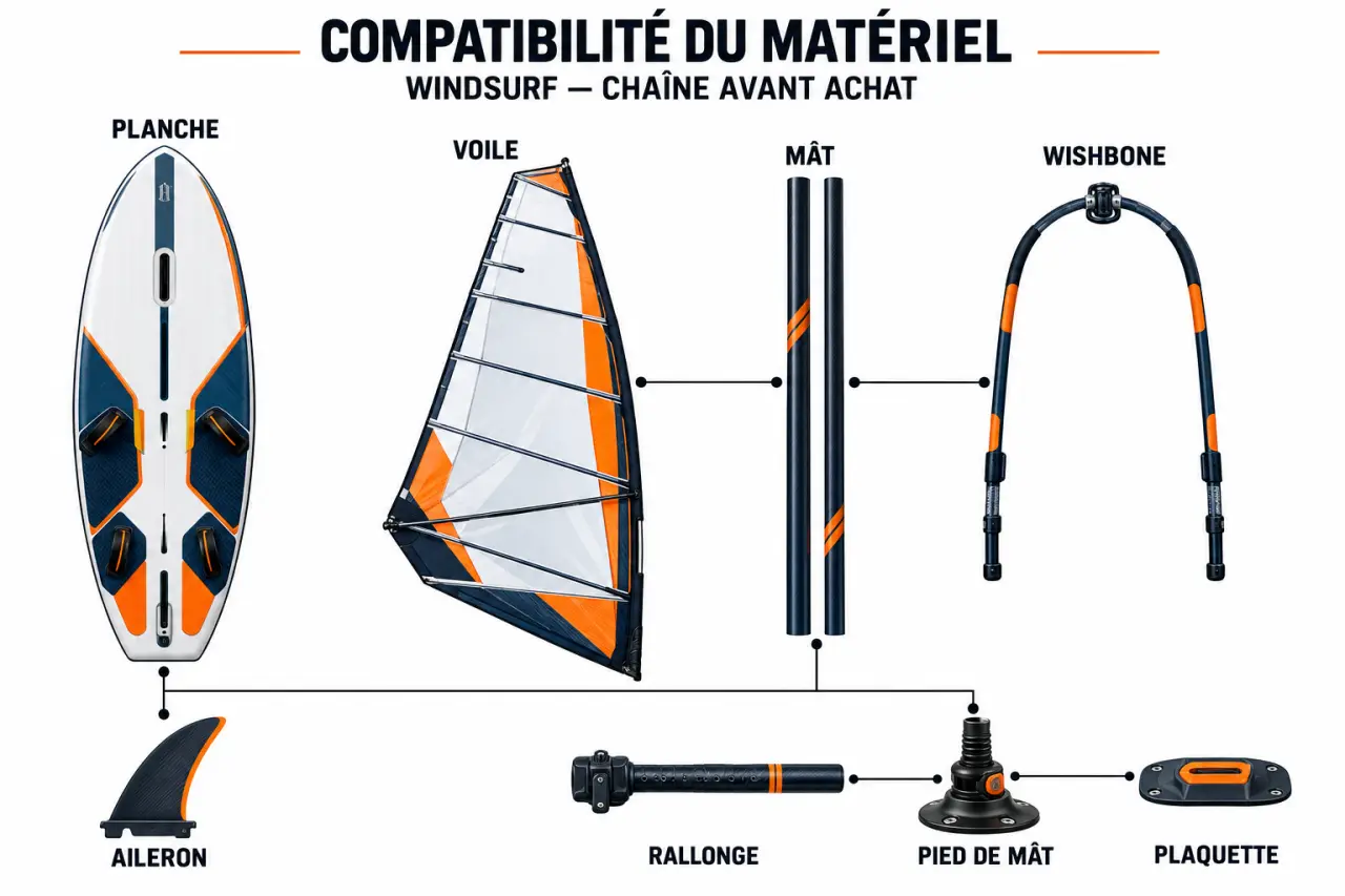 Matériel windsurf et chaîne de compatibilité entre planche, voile, mât, wishbone et aileron