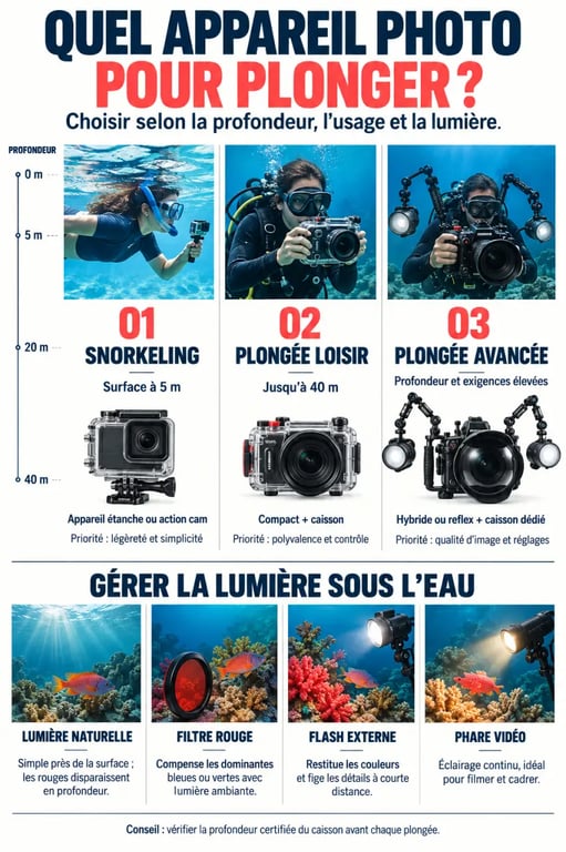 Infographie comparative pour choisir un appareil photo pour la plongée selon la profondeur et l’éclairage