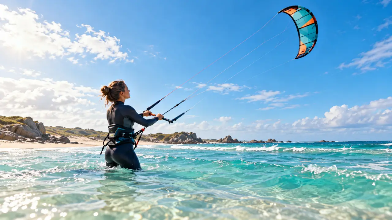 Kitesurfeur débutant pilotant son aile au-dessus d’une mer turquoise