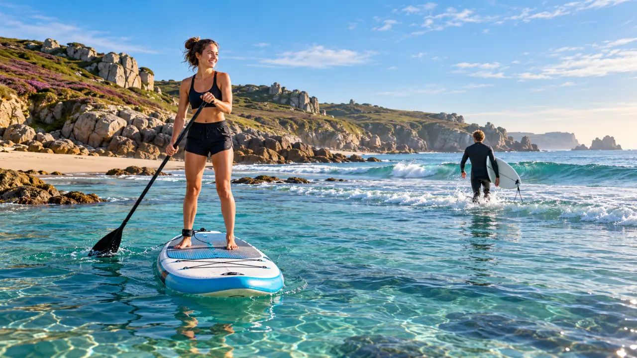 Surfeur et pratiquant de paddle sur le littoral breton