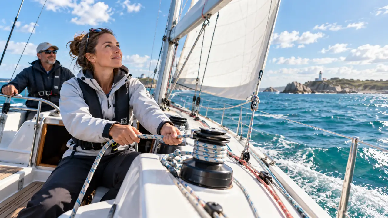 Voilier débutant naviguant sur une mer lumineuse avec ses voiles réglées