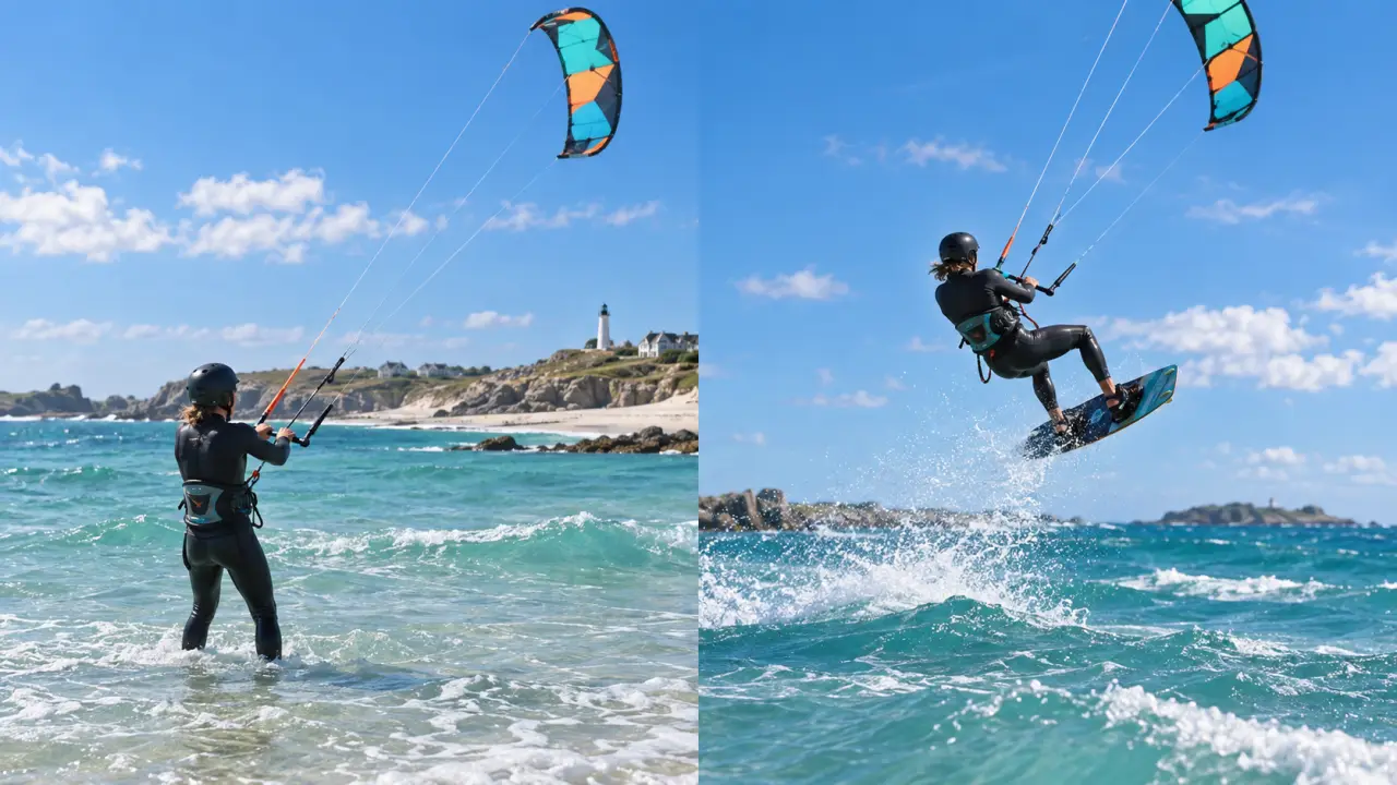 Kitesurfeur prenant son envol au-dessus d'une mer turquoise