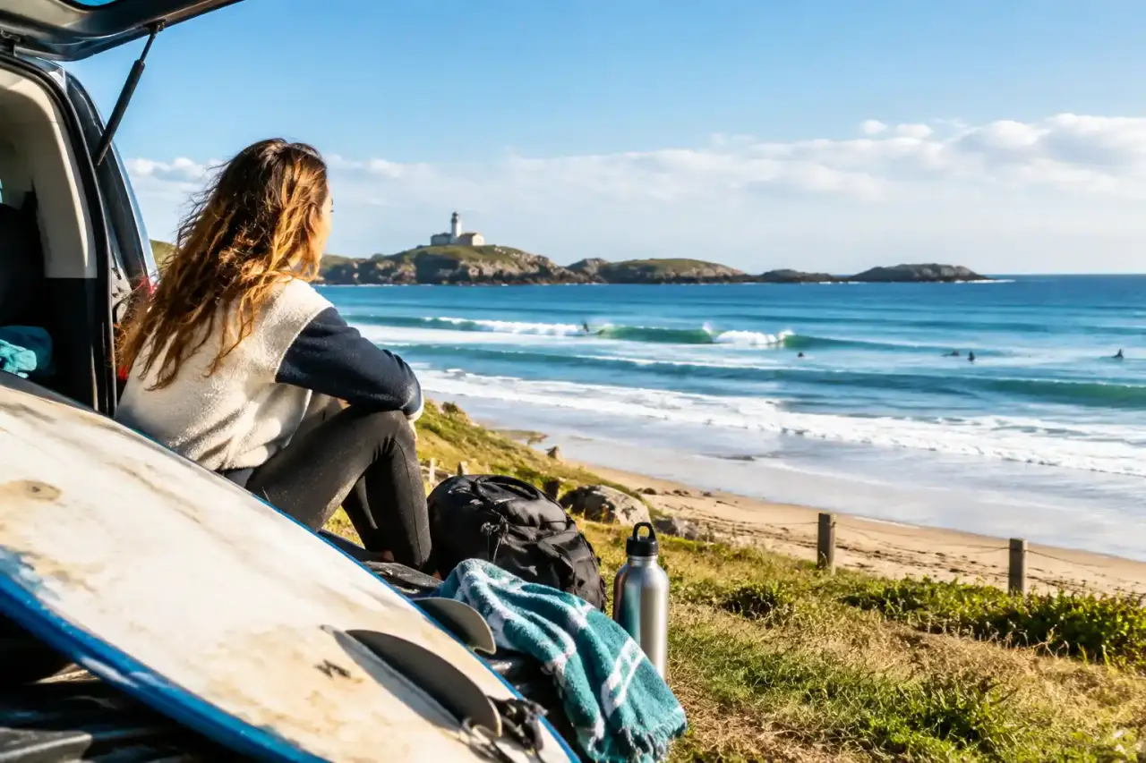 Surfeur glissant sur une vague bretonne dans une lumière matinale