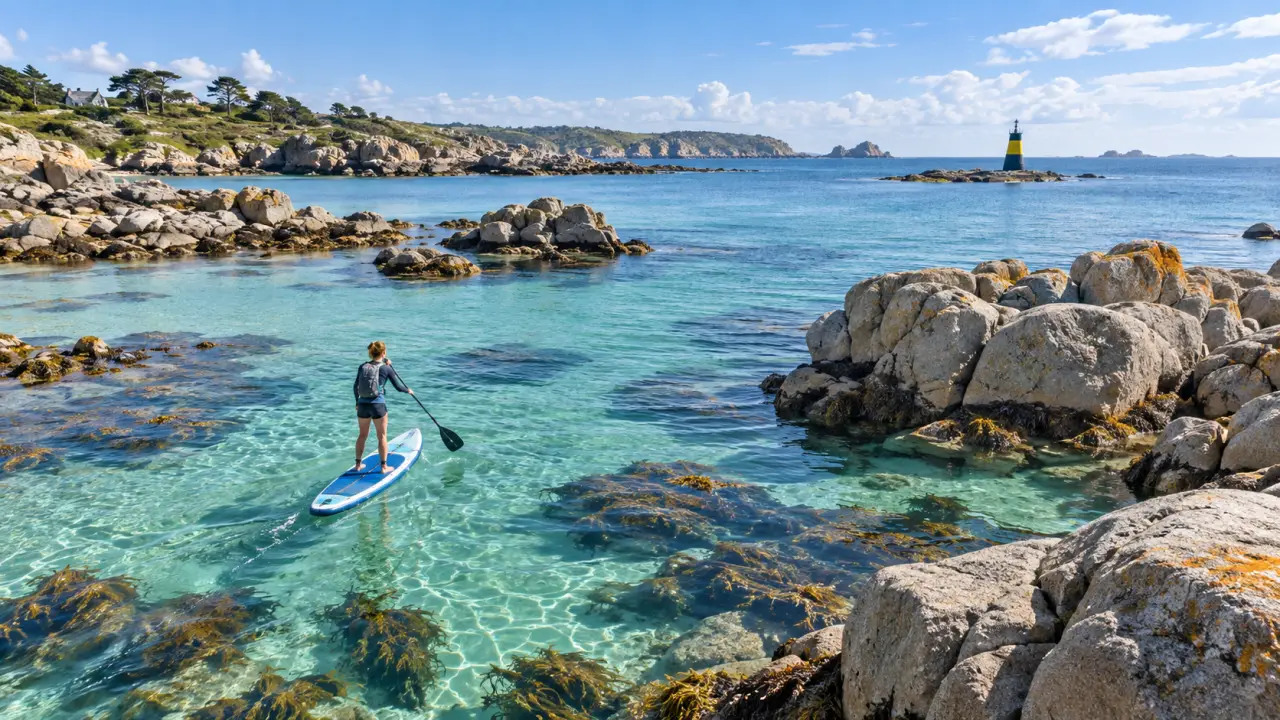 Pratiquant de paddle sur le littoral breton