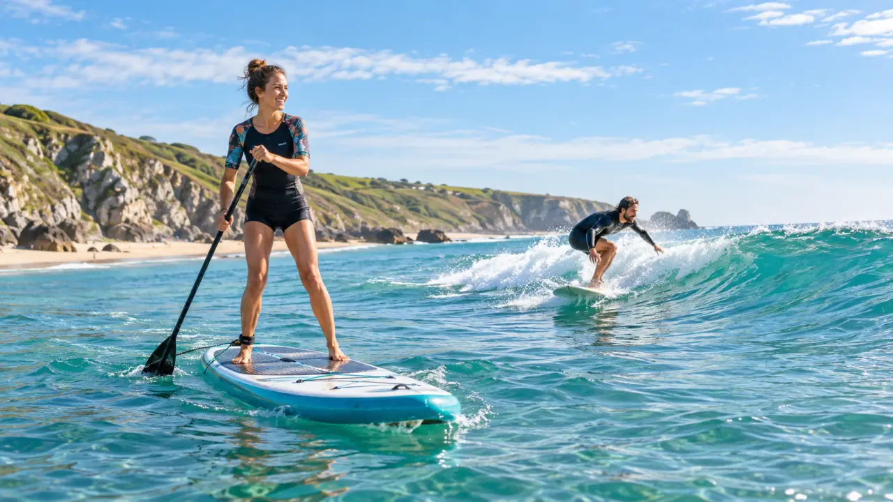 Pratiquant de paddle et surfeur glissant sur une eau turquoise