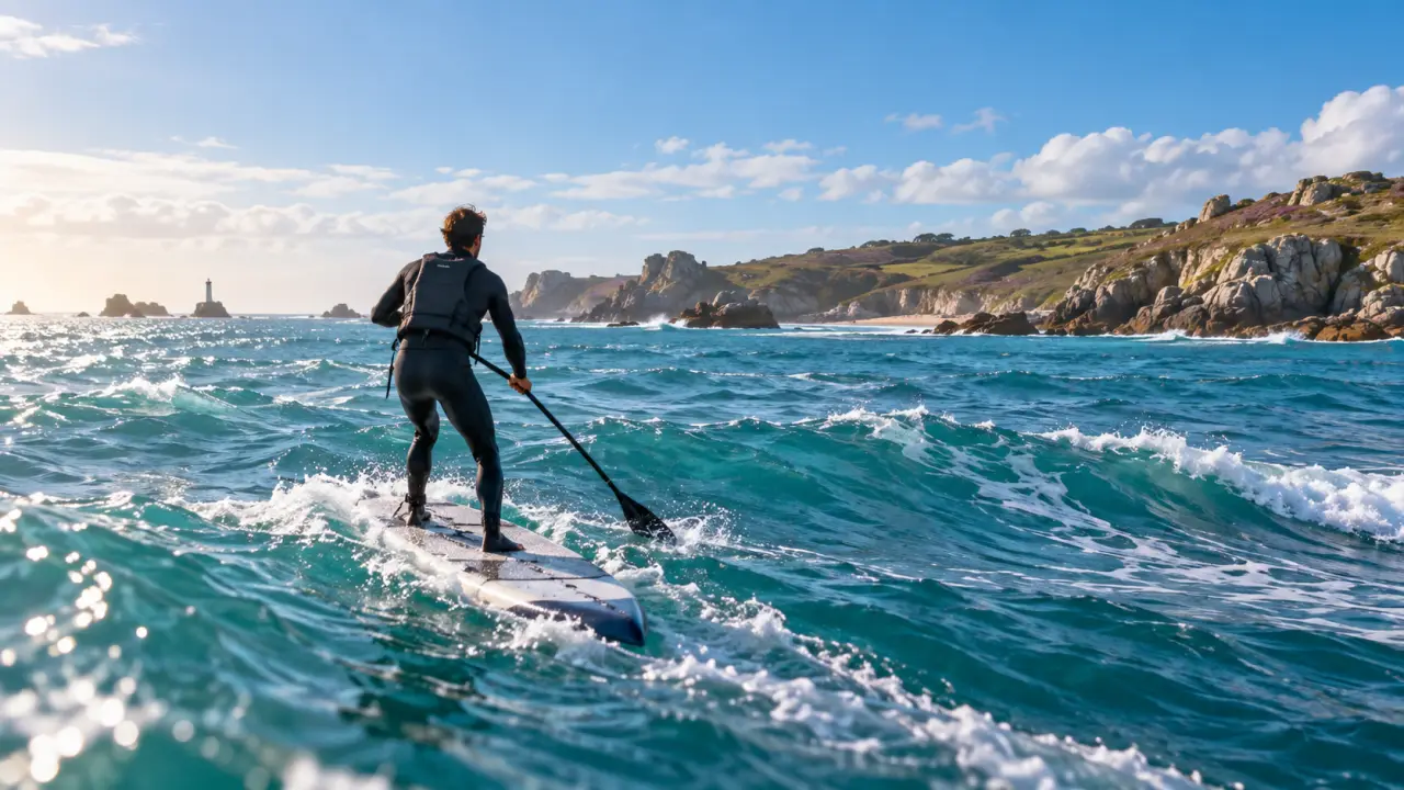 Paddleur glissant au large sur une mer bretonne agitée par le vent