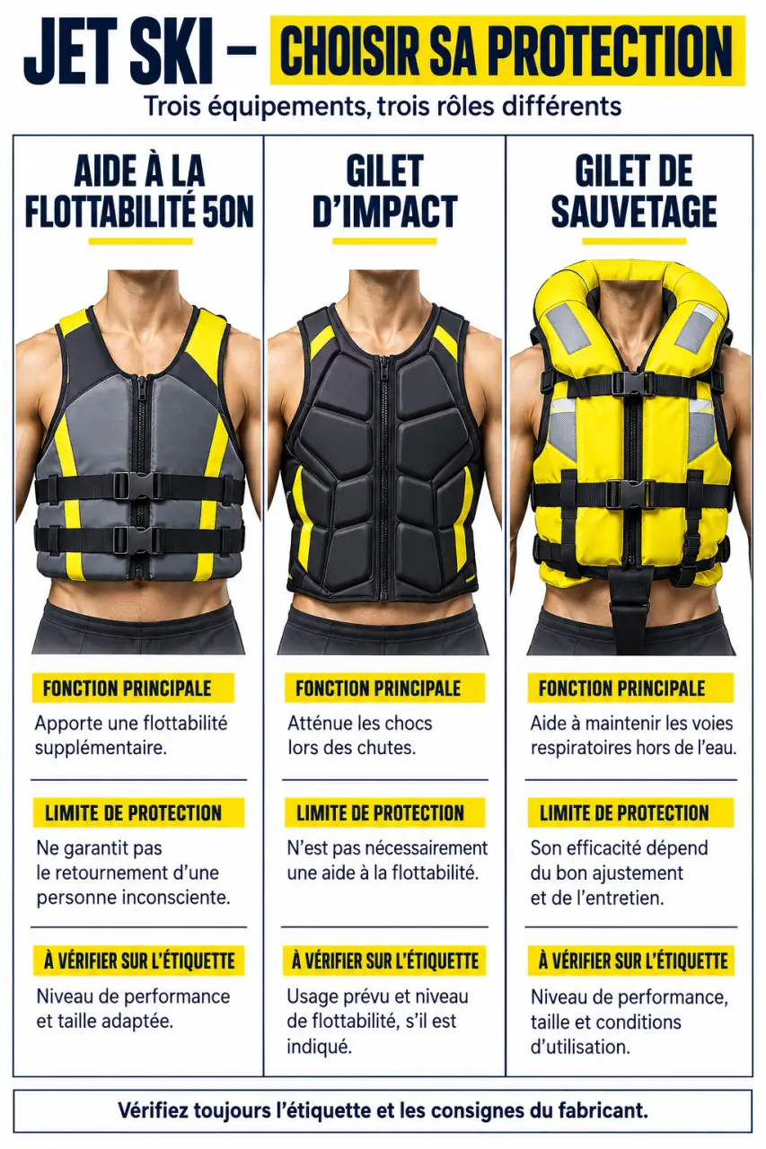 Infographie sur les catégories de gilet pour jet ski : aide à la flottabilité 50N, gilet d’impact et gilet de sauvetage