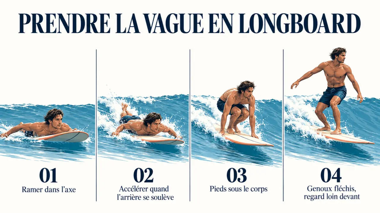 Étapes pour surfer en longboard, de la rame au take-off sur une vague douce