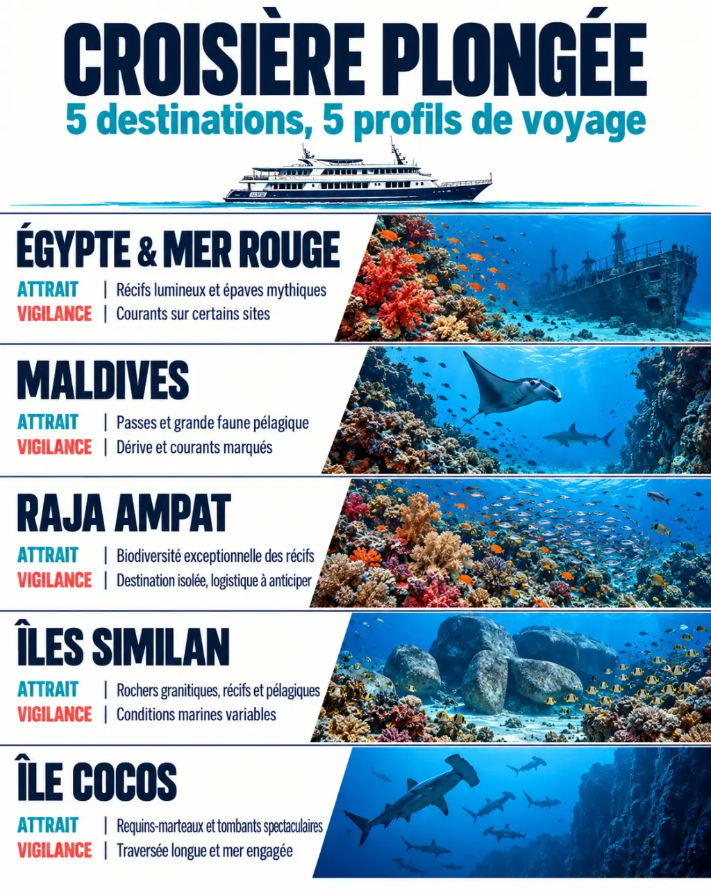 Infographie comparative des destinations de croisière plongée