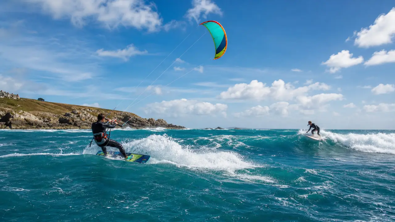 Surfeur affrontant une vague sous un vent soutenu, ambiance océanique dynamique