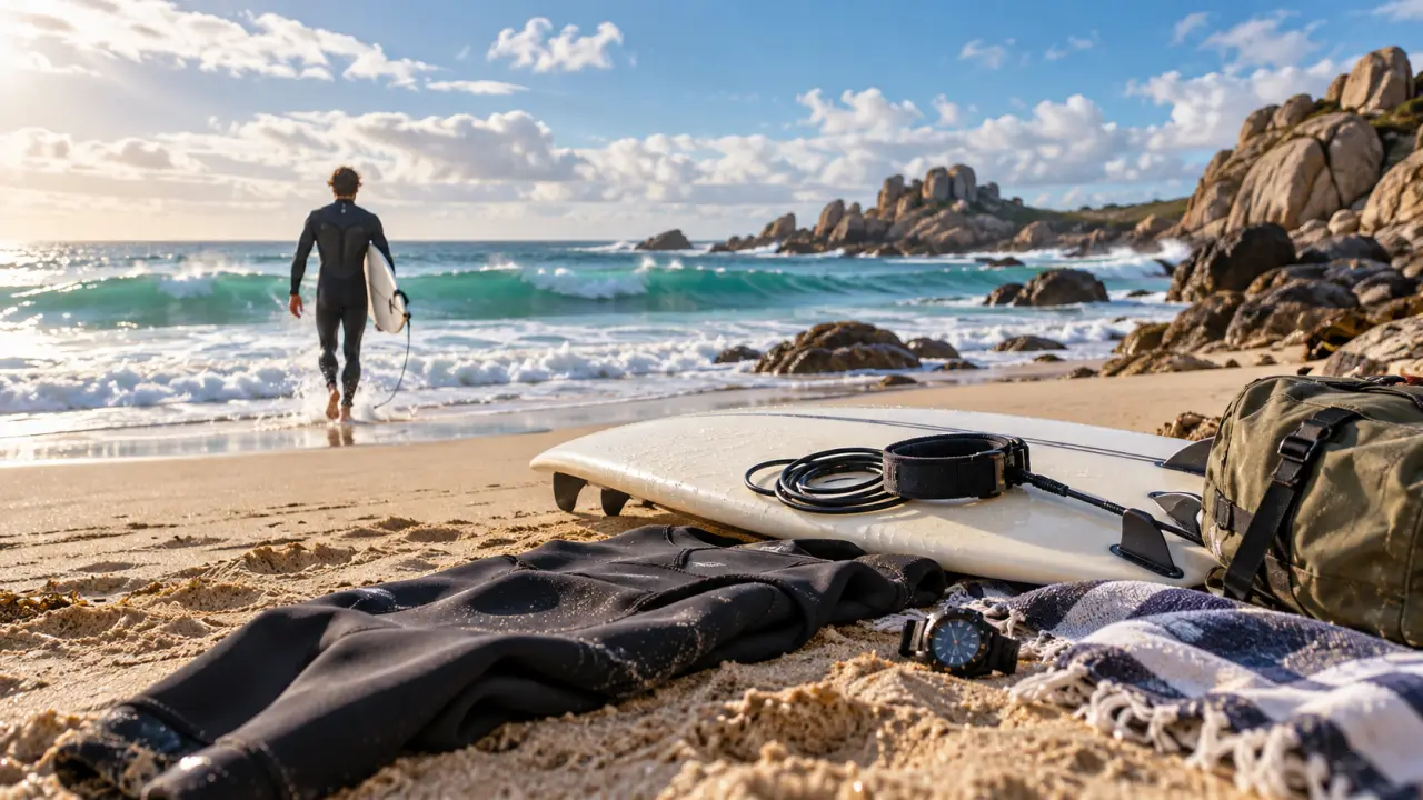 Surfeur glissant sur une vague bretonne dans une lumière matinale