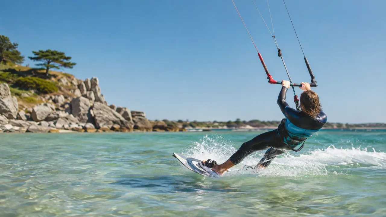 Kitesurfeur en waterstart sur une eau turquoise