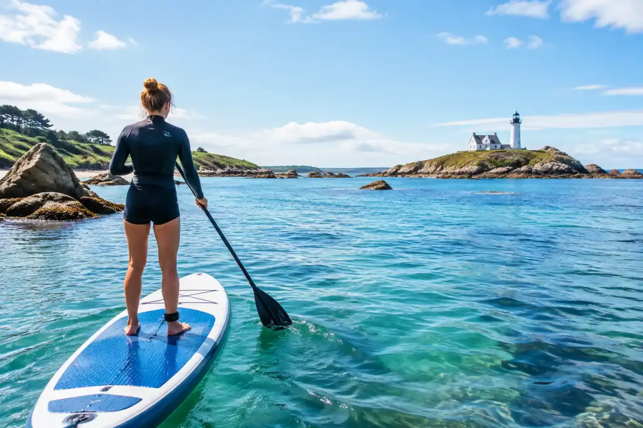 Débutant en stand up paddle sur une eau calme du littoral breton