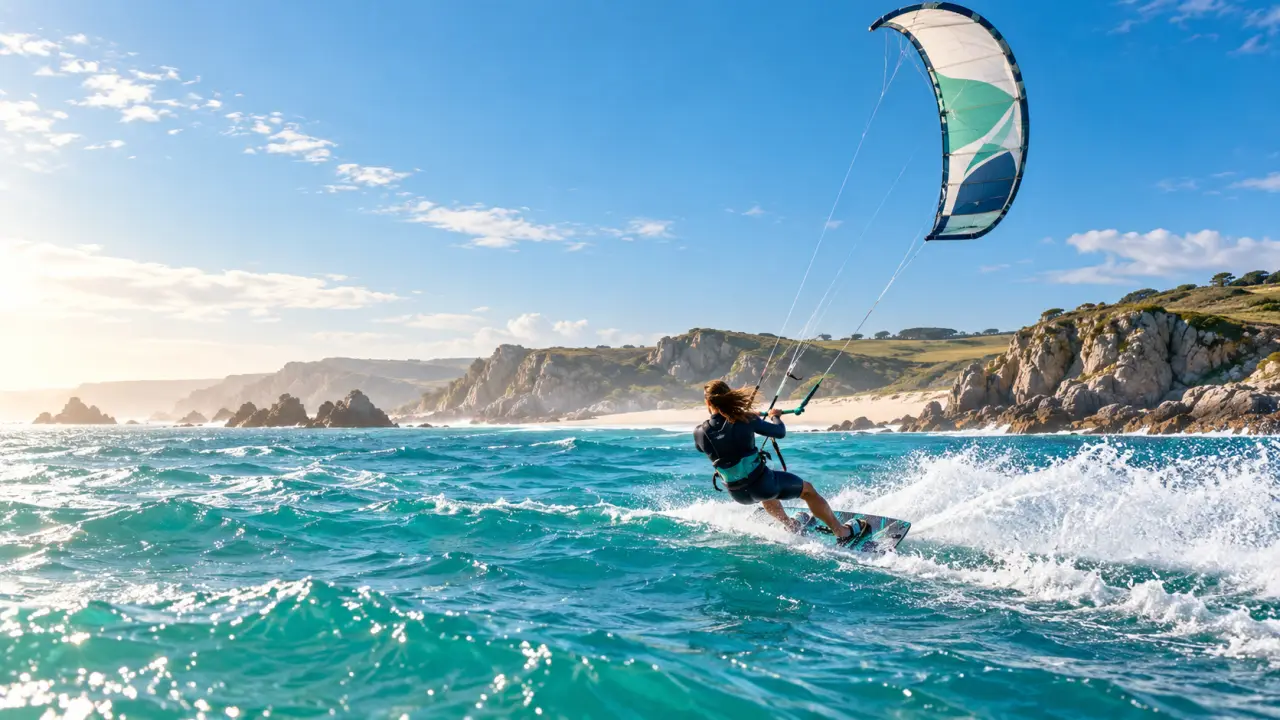 Kitesurfeur sous une aile colorée au-dessus d'une mer turquoise
