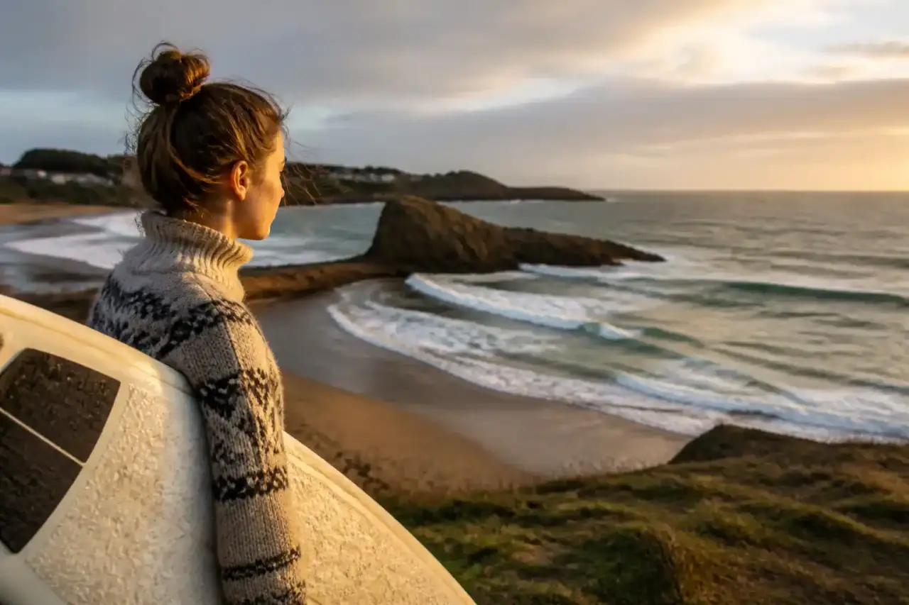 Surfeur sur une vague bretonne sous un ciel lumineux