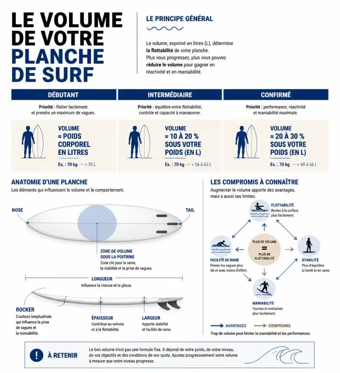Calcul volume surf : infographie sur les litres, le niveau et la répartition du volume d’une planche