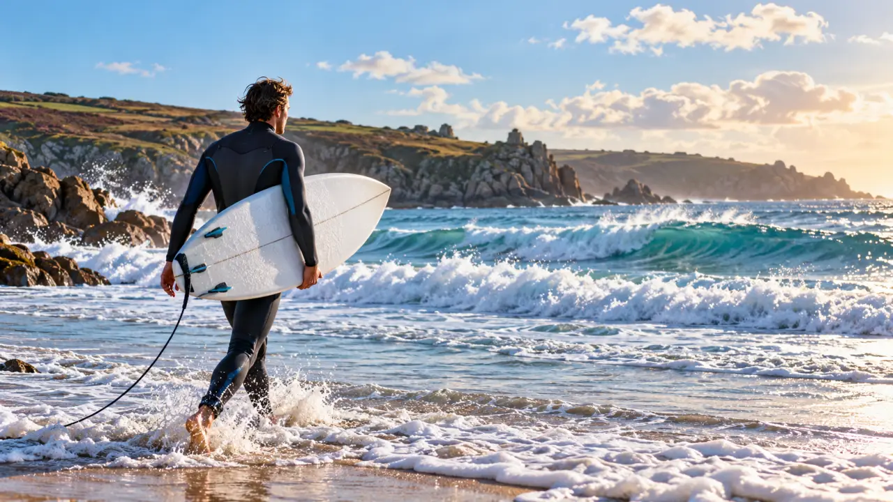 Surfeur dans une vague bretonne avec une combinaison épaisse