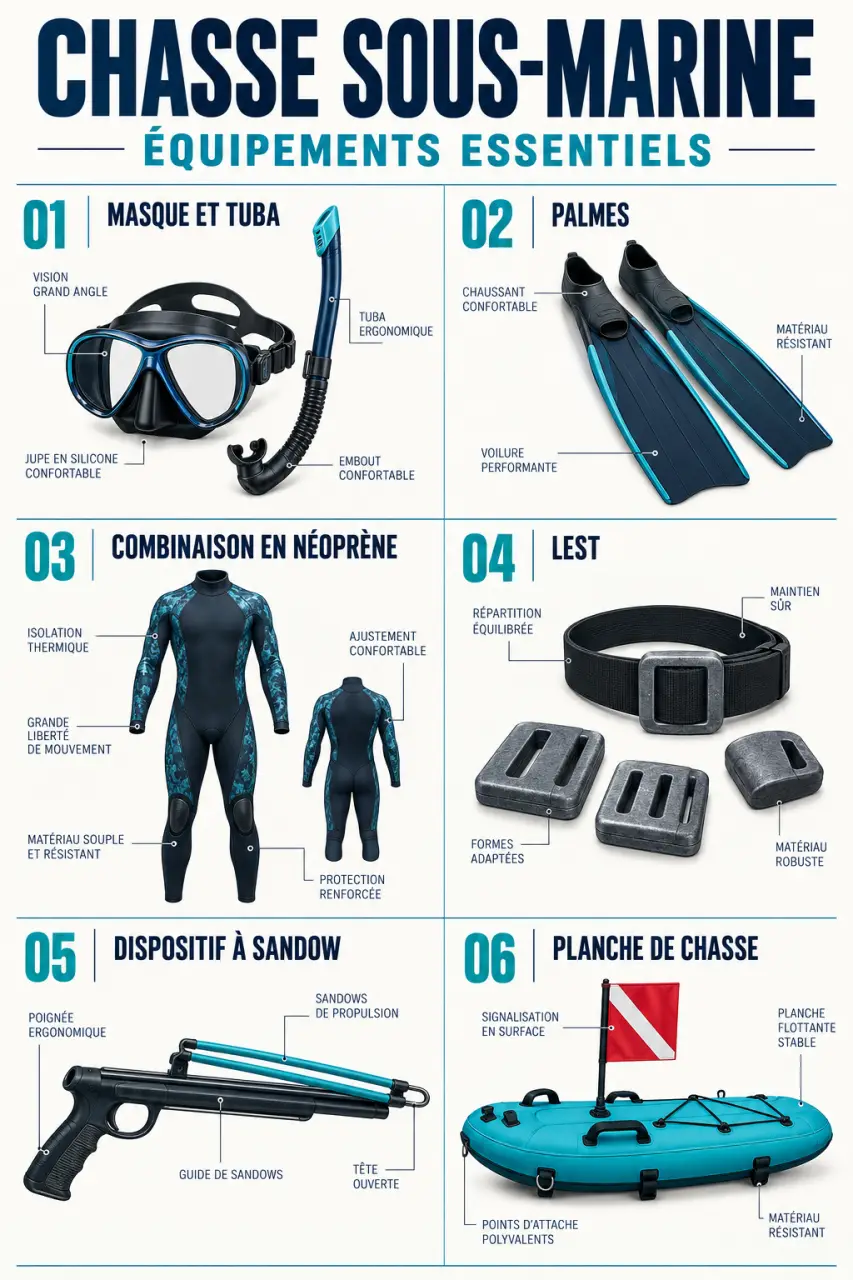 Équipement essentiel pour la chasse sous-marine, guide visuel a la chasse sous marine