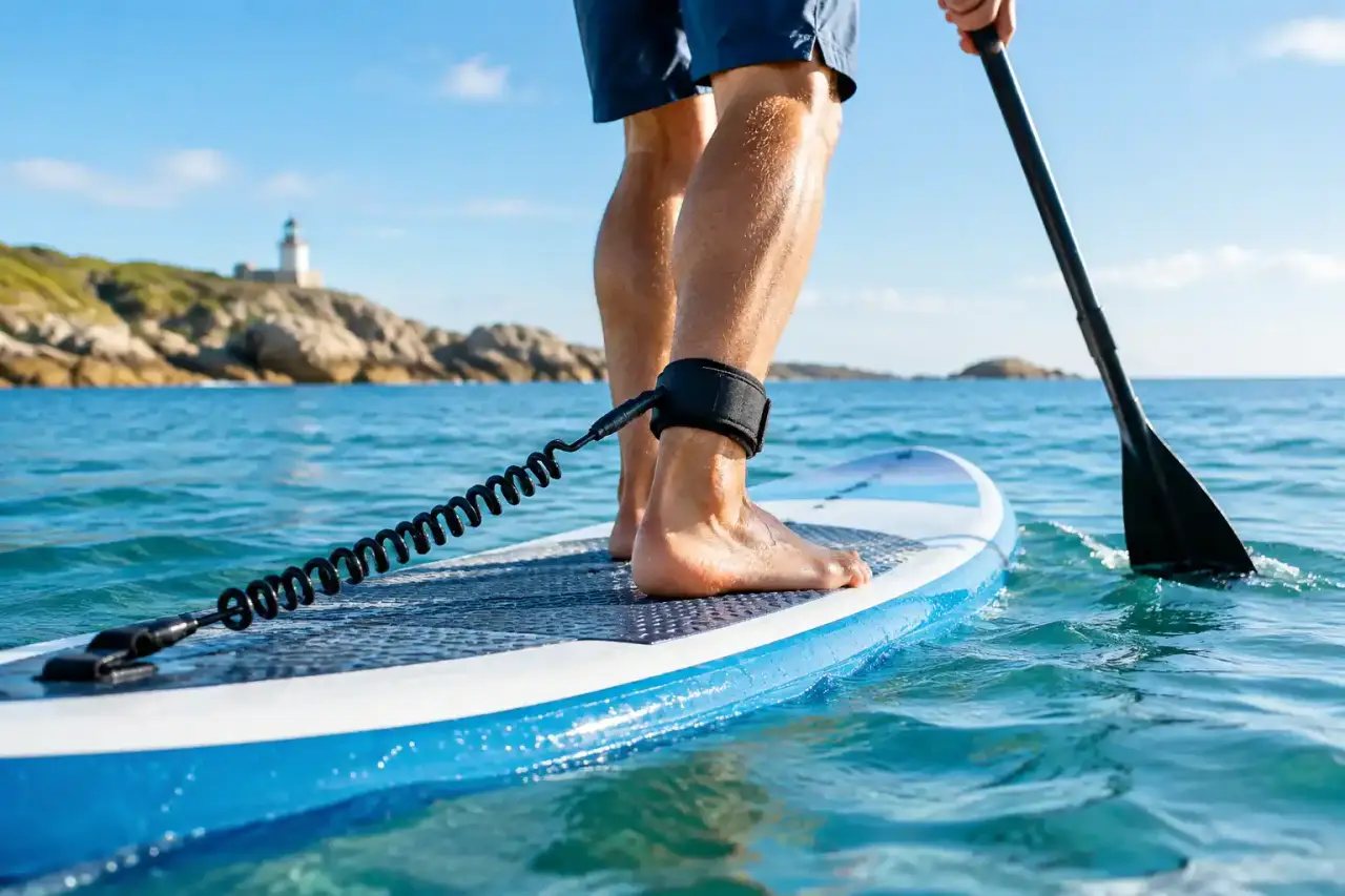 Pratiquant de stand up paddle sur une eau calme avec un leash attaché à la cheville