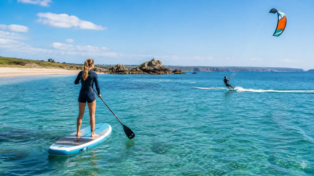 Surfeur glissant sur une vague turquoise, style magazine haut de gamme