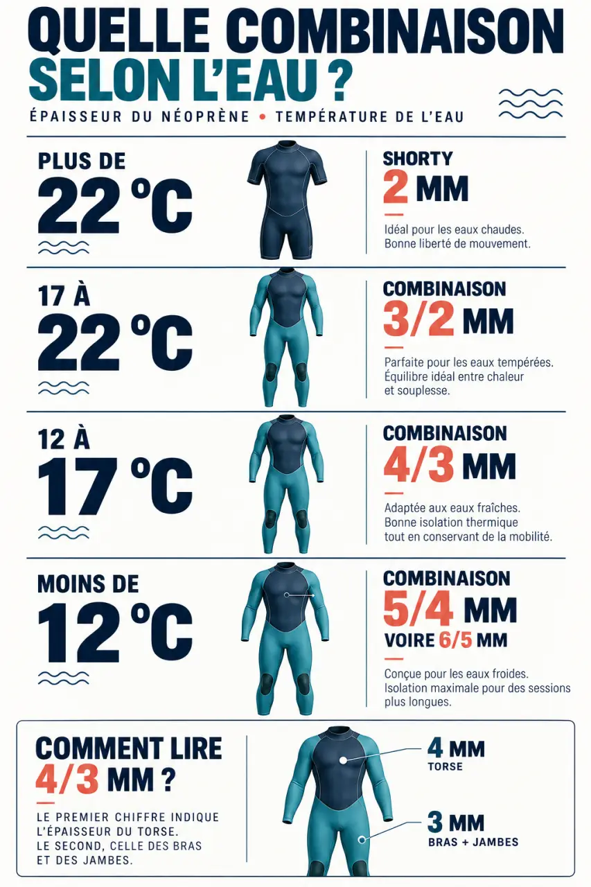 Infographie sur le choix d'une combinaison surf selon la température de l'eau et l'épaisseur du néoprène