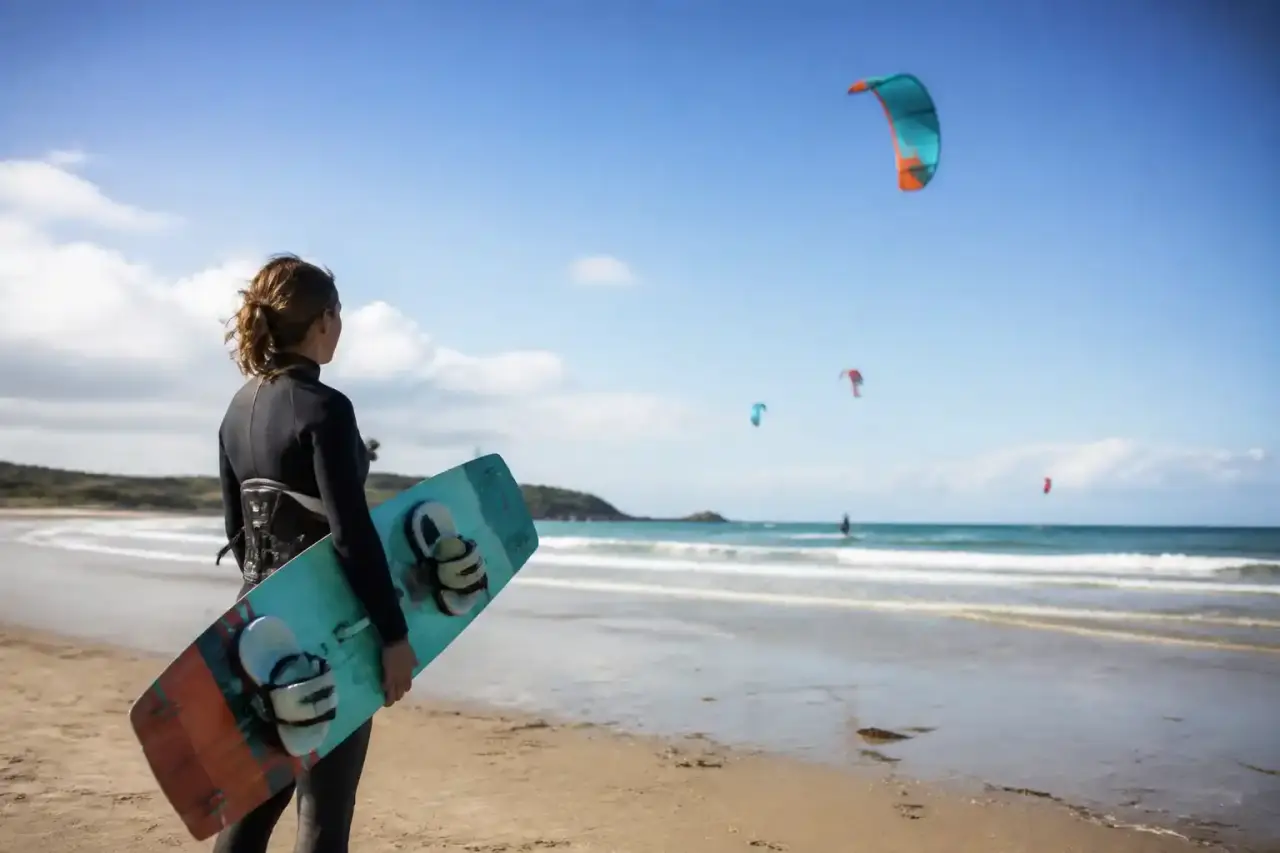 Kitesurfeur débutant sur une plage bretonne, eau turquoise et lumière vive