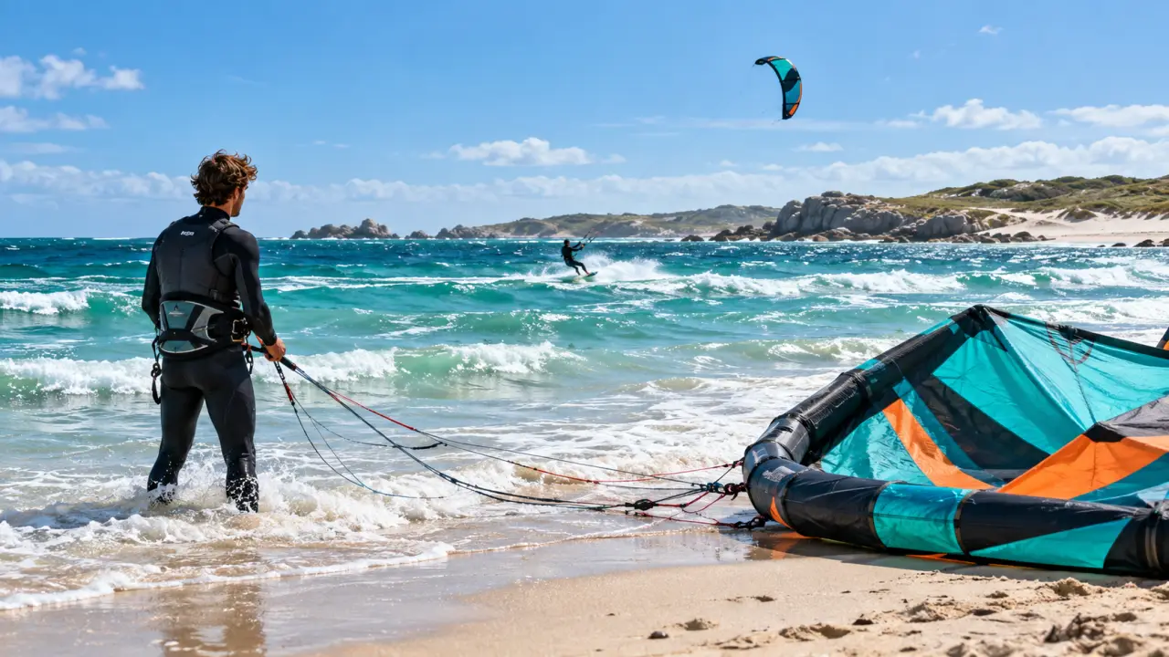Débutant en kitesurf glissant sur une mer turquoise