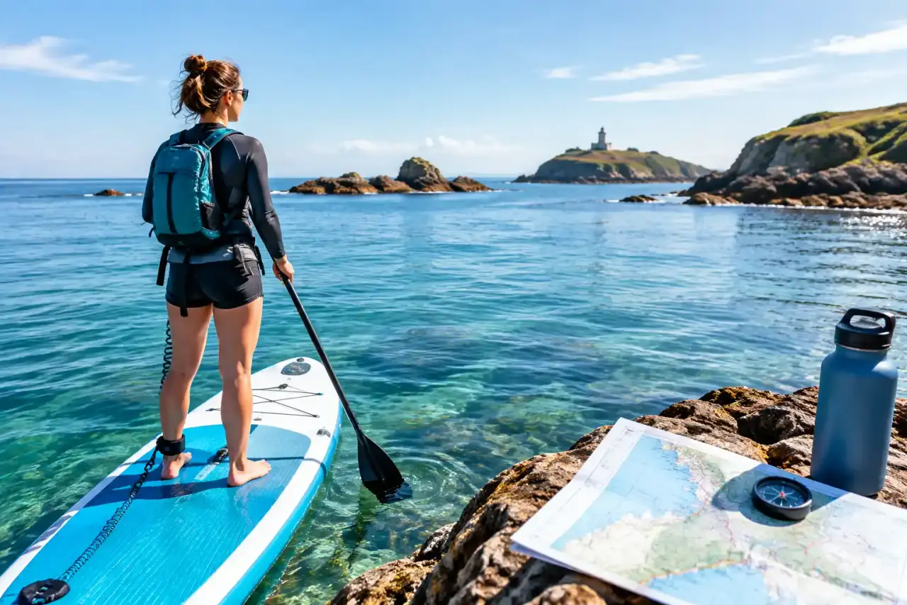 Paddleur préparant un itinéraire sur une eau calme