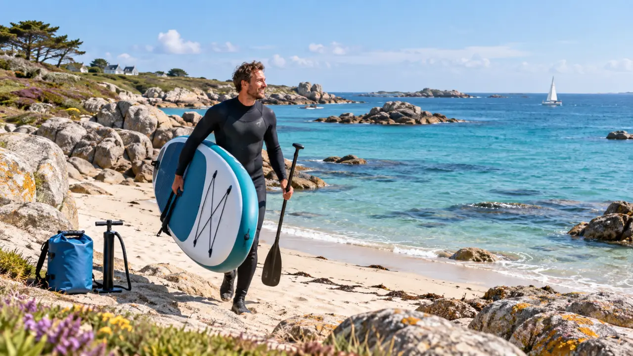 Pratiquant de paddle sur une eau calme du littoral breton